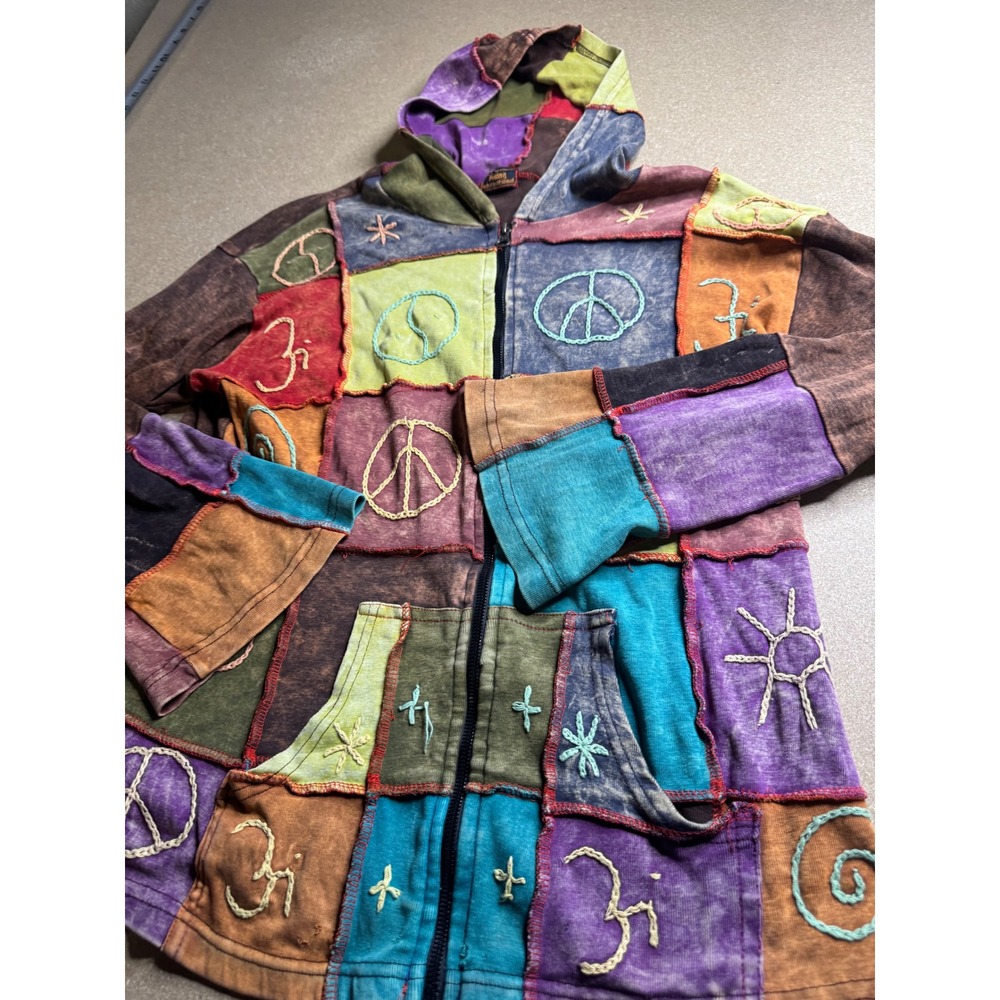 Rising International Patchwork Boho Hoodie Peace Sun Om Embroidered Zip Up L